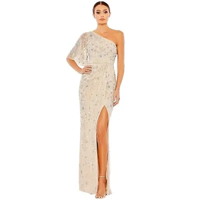 MAC DUGGAL Floral Beaded Embellished One Shoulder Draped Gown Nude Silver 14 • $225
