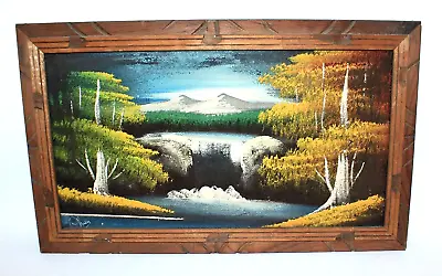 Landscape BLACK VELVET Painting AUTUMN Fall Trees WATERFALL Mountains MCM 1970 • $14