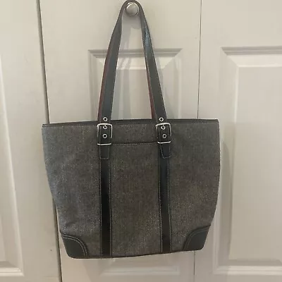 COACH Women's Wool Tote Purse Herringbone Gray Black Leather Red Lining EUC • $65