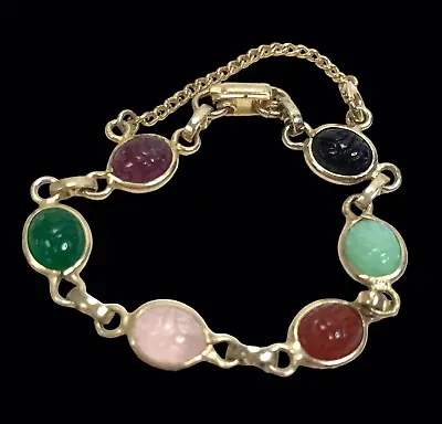 Vtg Bracelet Colorful Glass Cabochon Link Scarab Egyptian Revival Safety Chain • $24.95