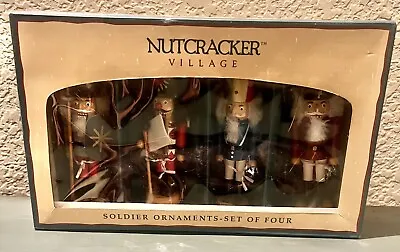 NUTCRACKER VILLAGE HANDCRAFTED SOLDIER ORNAMENTS SET OF FOUR BOX VTG Open Box (d • $24.99