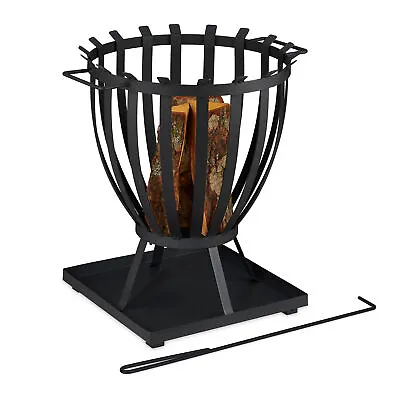 £53.90 • Buy Round  Garden Open Log Burner Metal Firepit Fire Basket Modern Terrace Poker