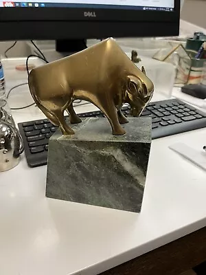 Vintage Bronze Wall Street Bull ‘Bull Market’ Green Marble Book End Sculpture • $30