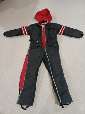 Vintage 70’s  SNOWMOBILE SUIT Mens Medium Black 1 Piece Snow Suit Belt  Hood  • $23.99