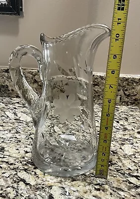 Vintage Etched Cut Glass Crystal Water Pitcher Daisy Design Floral Large • $15