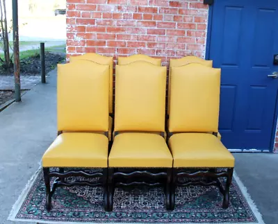 Set Of 6 French Antique Upholstered Louis XIV  Dining Chairs Yellow Leather • $2800