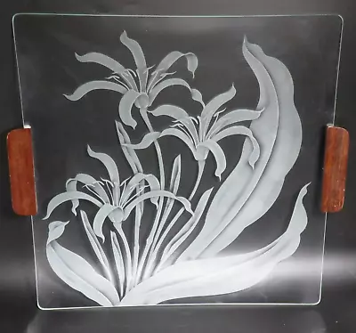 Vintage Hawaiian Etched Glass Tray  Koa Wood Handles 13.75 In X 15 In Scratches • $80