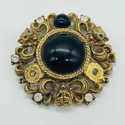 Vintage Brooch Pin Gold Tone Black Lion Crystal Rhinestone Round Jewelry 2  • $5.98