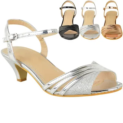 Womens Ladies Low Heel Party Sandals Strappy Wedding Bridesmaid Shoes Size New • £15.99