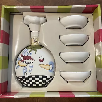 Baum Bros. Hand Painted 5 Pc Oil Dipping 24oz Cruet & 4 -4” Dip Saucers  • $29.99