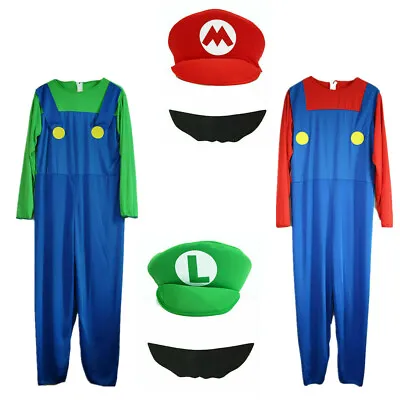 Mens Adult Super Mario And Luigi Fancy Dress Plumber Bros Halloween Costume • £10.59