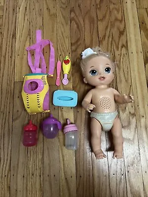 VTG Baby Alive Baby Doll Blonde Blue Eyes Bottle Carrier Spoon Accessories WORKS • $74.95