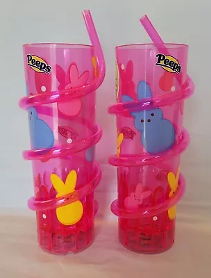 Peeps Light Up Pink Straw Tumbler Drinking Cup With Straw Lot Of 2 Easter New • £24.12
