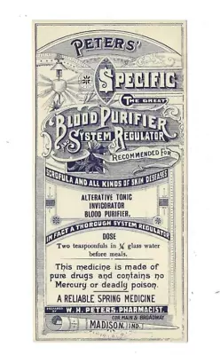 Old Quack Medicine Label Peters' Blood Purifier Tonic Pharmacist Madison Indiana • $22.25