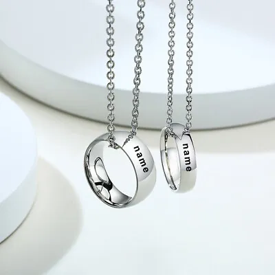 Personalized Engraved ID Name Date Ring Pendant Women Men Couple Lover Necklace • £6.59