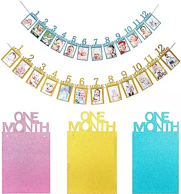 1st Birthday Baby First 12 Months Photo Garland Bunting Glittering Banner Party • £4.29