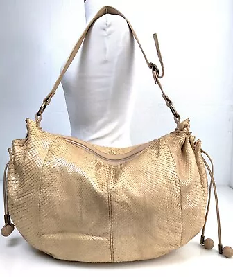 XL Tanner Krolle BEIGE PYTHON SKIN LEATHER BLACK SUEDE LINED SHOULDER BAG HOBO • £146.56