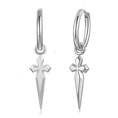 Mens Solid 925 Sterling Silver Dagger Hanging Cross Dangle Hoop Earrings • $23.99