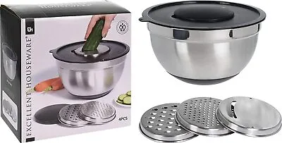 Mixing Bowl Set With 3 Grater Airtight Lids Stainless Steel Non Slip Easy Clean • £11.95