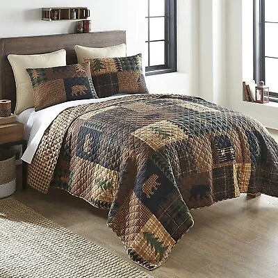 Queen Quilt Set Log Cabin Lodge Rustic Mountain Brown Bear Country Bedding 3 Pc • $111.95