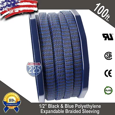 100 FT 1/2  Black Blue Expandable Wire Sleeving Sheathing Braided Loom Tubing US • $22