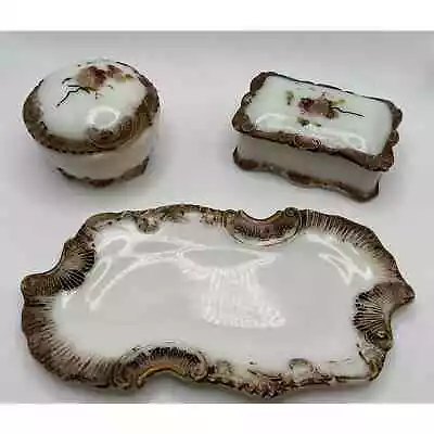 Antique Victorian Milk Glass Vanity Dresser Set 3 Piece Gold Pink Floral Tray • $69