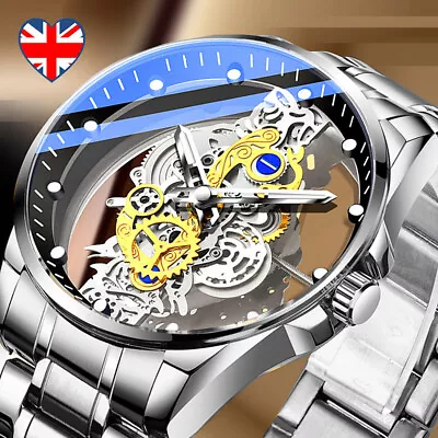 Luxury Men's Stainless Steel Gold Tone Skeleton Automatic Mechanical Wrist Watch • £15.29