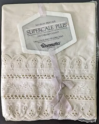 VTG Wamsutta Supercale Plus White Pair STD Pillowcase Scalloped Eyelet Trim MINT • $32.45