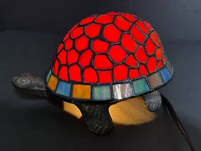 Vintage Cast Iron Turtle Accent Stained Glass Lamp Tiffany Style Portable Light • $49.95