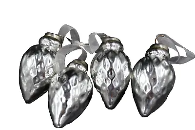 Blown Glass Silver Christmas Tree Ball Ornaments Tear Drop Textured Set Of 4 • $15