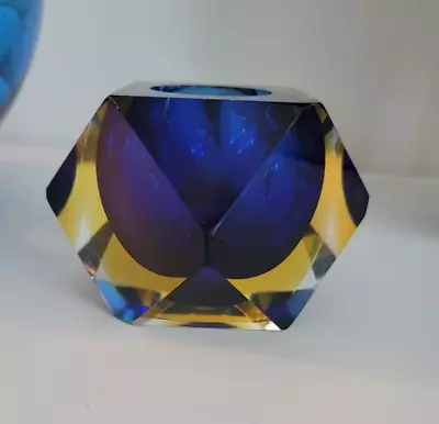 Vintage Cobalt & Amber MURANO Faceted Diamond Geometric SOMMERSO Art Glass Bowl • $99.99