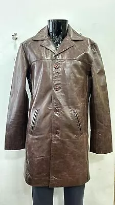 Men's Real Leather Coat Vintage Brown Glaze Knee Length 4 Button Closure Blazer • £41.65