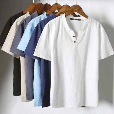 £9.30 • Buy Men Henley Neck Plain Loose T-Shirt Short Sleeve Casual Summer Grandad Shirts UK