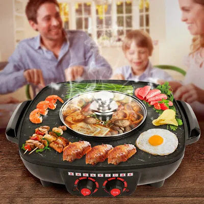 2in1 Electric Non-Stick Korean BBQ Plate Hot Pot Pan Shabu Grill Barbecue Frying • $42.95
