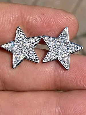 Mens Large Real 925 Sterling Silver Iced Star CZ Hip Hop Earrings Screwback • $34.36