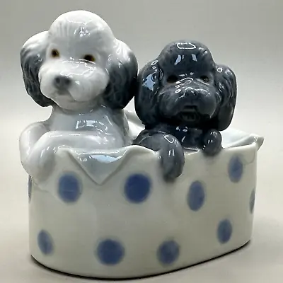 NAO By Lladro   Puppy Dogs In A Basket   Figurine #01082 C1988 Poodles Blue Dots • £15