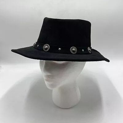 Minnetonka Black Genuine Leather Hat Cowboy Studs Size XL Made In USA • $42.95