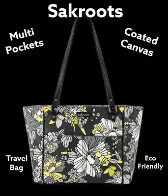 Sakroots Gray Yellow Flower Blossom Metro Tote Travel Bag Vacay Butterfly Charm • $52.17