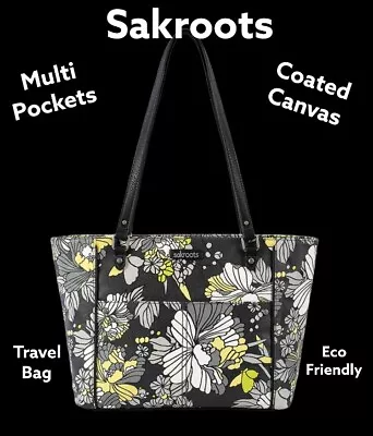 Sakroots Gray Yellow Flower Blossom Metro Tote Travel Bag Vacay Butterfly Charm • $77.09