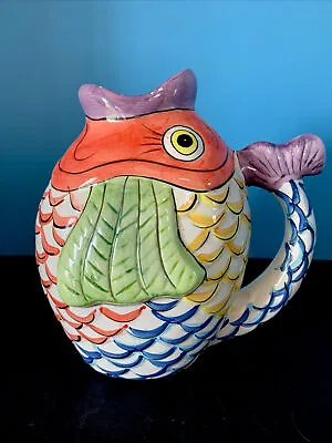 Vintage 8.5” X 9” Majolica Koi Fish Pitcher • $24.99