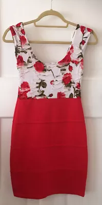 Jane Norman Red And White Rose Print Bodycon Bandage Y2K Wiggle Dress Size 8 • £45