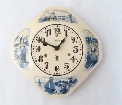 Vintage Blue White Porcelain Holland Windmill Miller 8 Day Clock • $20