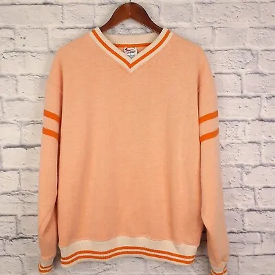 Vintage Varsity Academia Preppy Sweater V Neck Mens Large Fits Medium Orange • $32