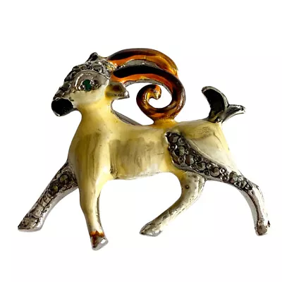 Vintage Signed BJL Enamel And Marcasite Ram Brooch Pin Bohemian Horned Goat • $27.50