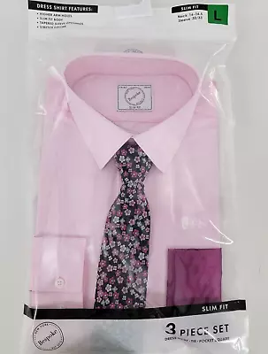 Men's Bespoke Slim-Fit Dress Shirt Pocket Square & Tie Set Large Pink NEW • $14.99