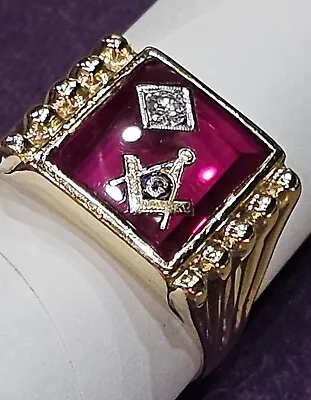 Vintage Masonic 14K Gold W/ Ruby & Diamond Ring • $800