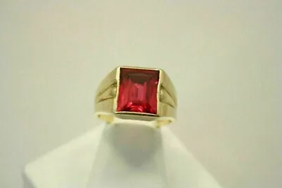 5Ct Emerald Cut Lab Created Red Ruby Solitaire Men's Ring 14k Yellow Gold Plated • $113.99