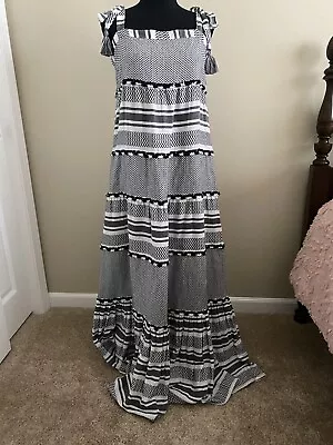 VERONICA BEARD Quartz Maxi Dress Black White Tiered MEDIUM Stripe Tassel NWOT • $179.99