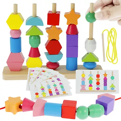 Wooden Beads Sequencing Toy Montessori Stacking Sorter Building Blocks Cards⚢ • $25.89