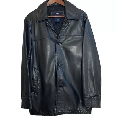 Vintage Gap Leather Jacket Mens Small Black Car Coat Quilted Liner Y2K Classic • $107.92